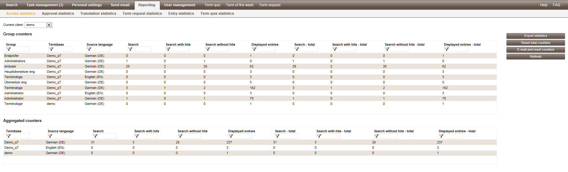 Access statistics in quickTerm Web