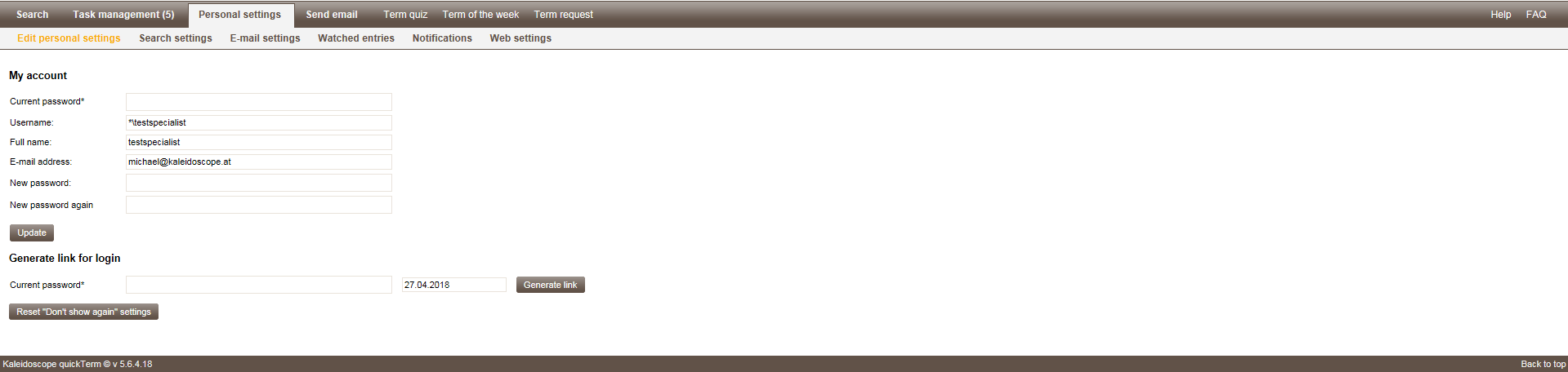 Personal settings - Web