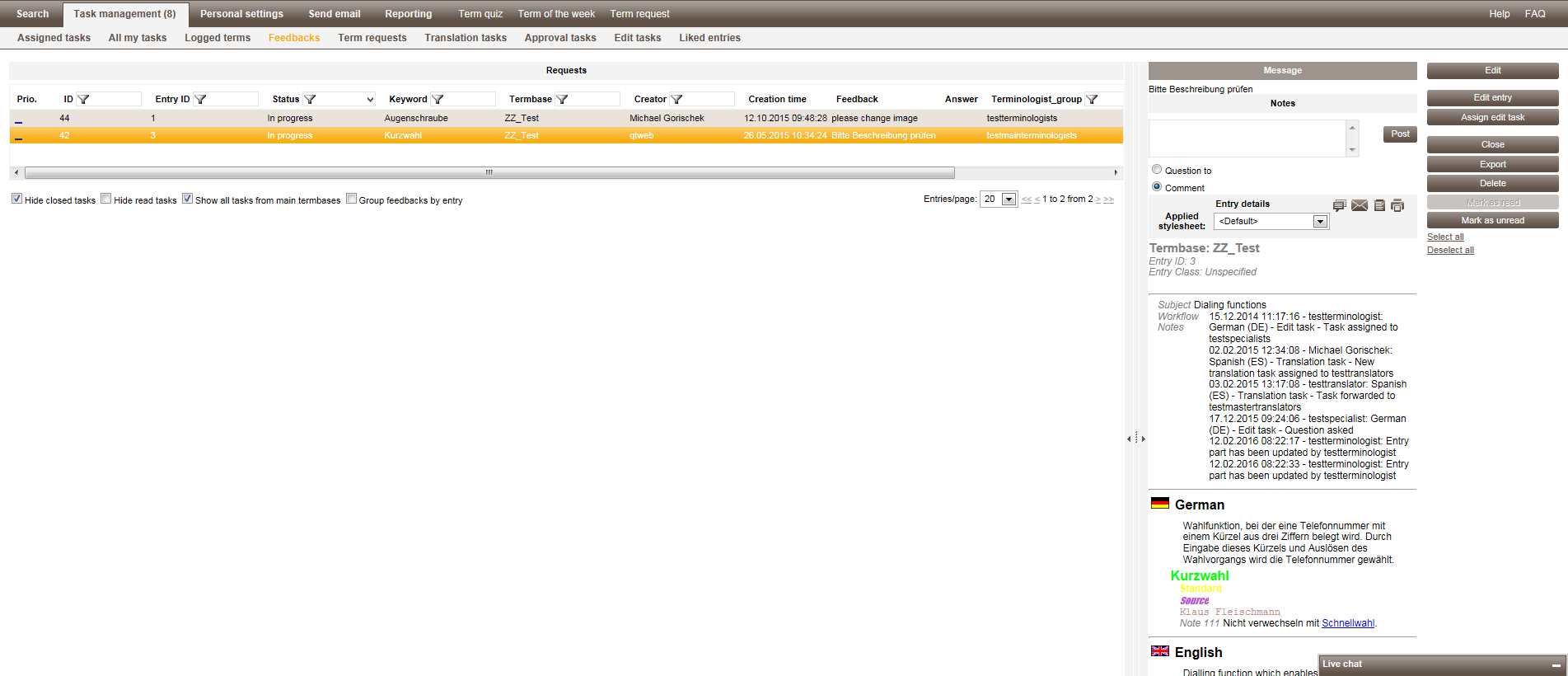 Overview of feedback in quickTerm Web