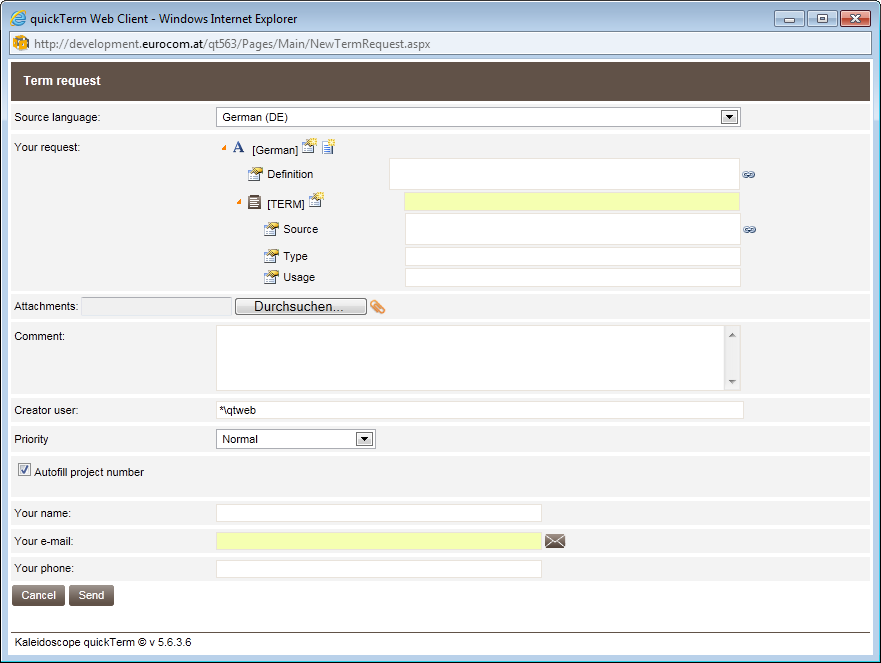 Term request dialog box - Web